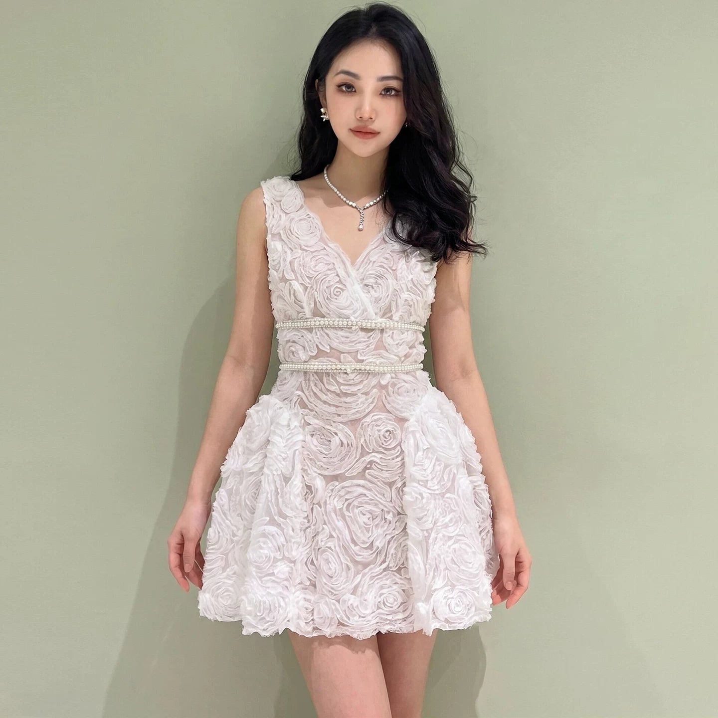 V-neck lace sleeveless mini dress