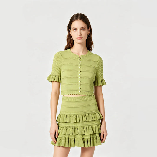 Women's green knitted short-sleeved two-piece suit