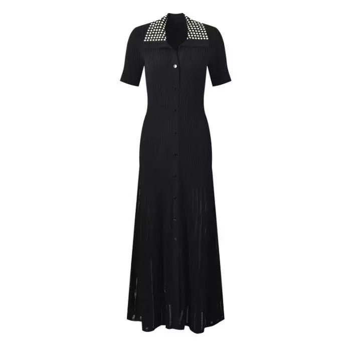 Women's black lapel short-sleeved knitted dress
