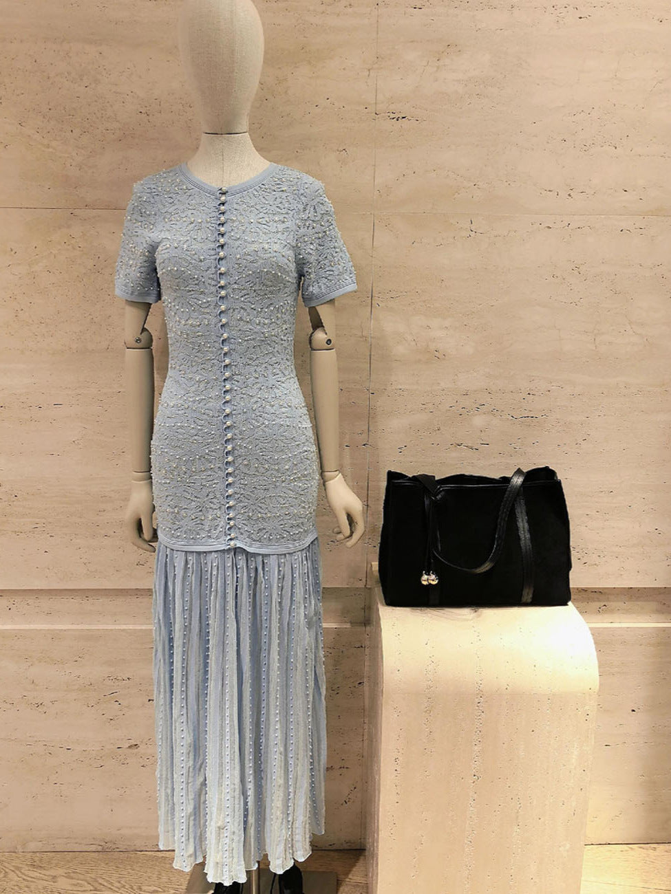 Women's lace openwork pearl short-sleeved dress