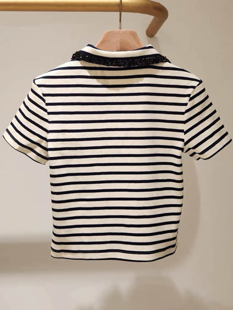 V-neck short-sleeved striped top