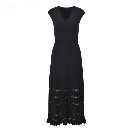 Women Designed Hollow Out Summer Sleeveless V-neckline Women Knitted Fitted And Flare Ladies Solid Fashion Long Dresses