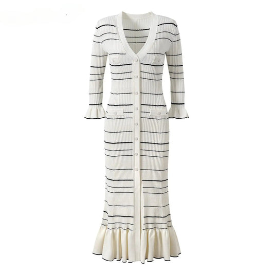 V-neck Flared Long Sleeve Fitted Women Single-breasted Knits Long Strip Mermaid Dress