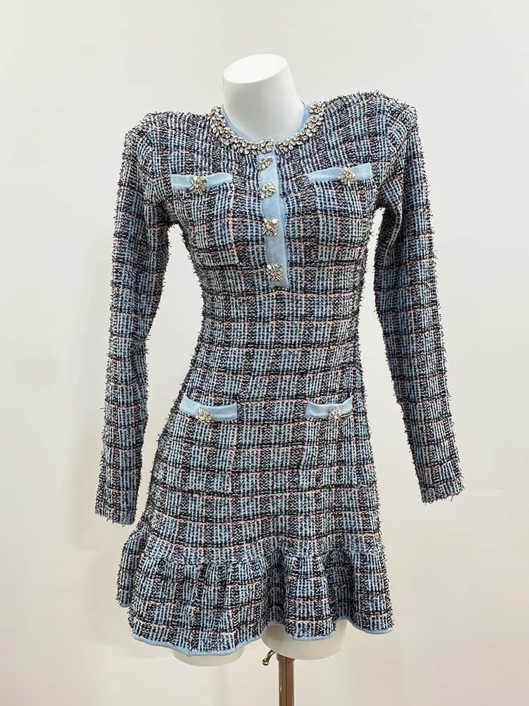 Blue long sleeve plaid dress