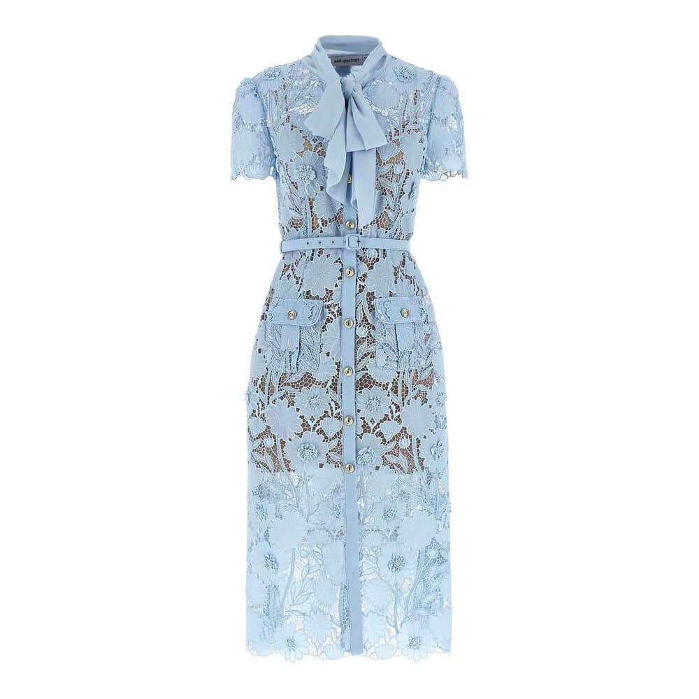 Blue lace short sleeve bow midi dress