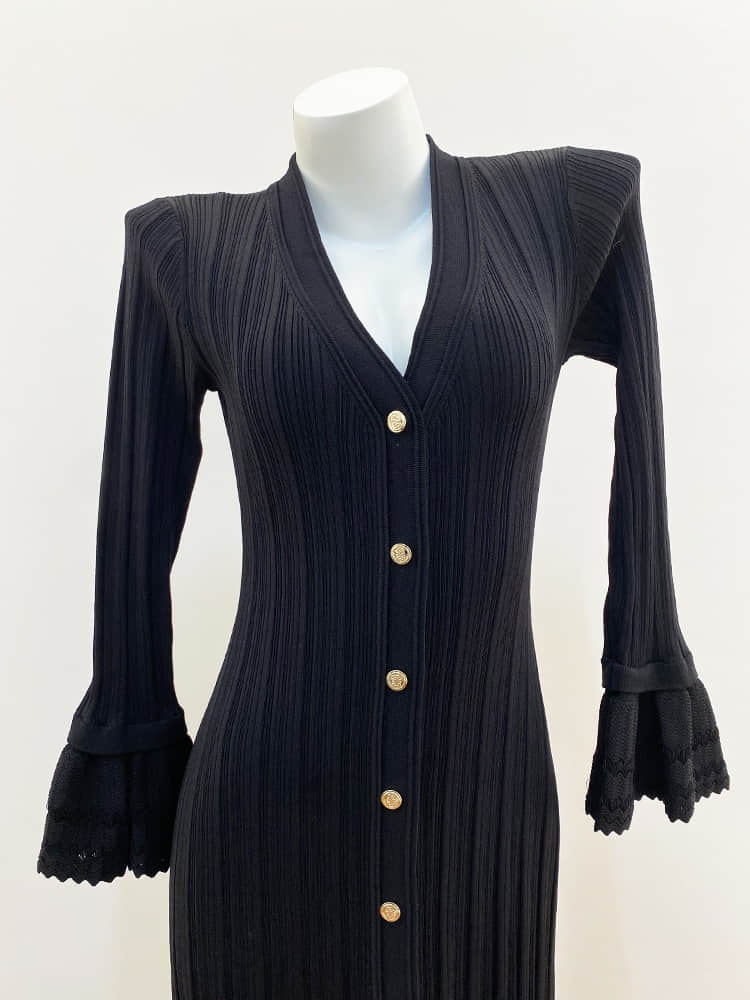 V-neck knitted ruffle long dress