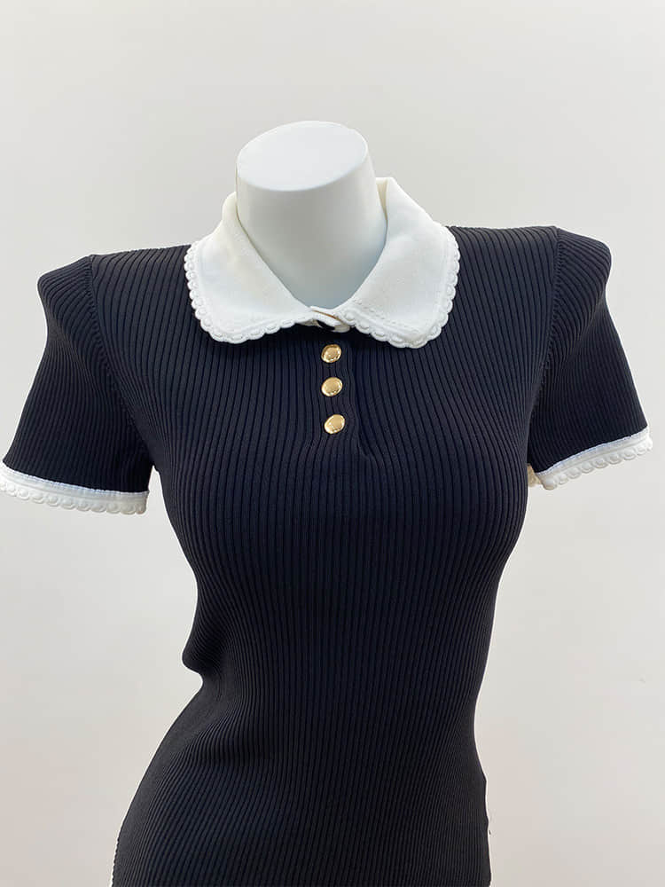 Black short sleeve lapel top