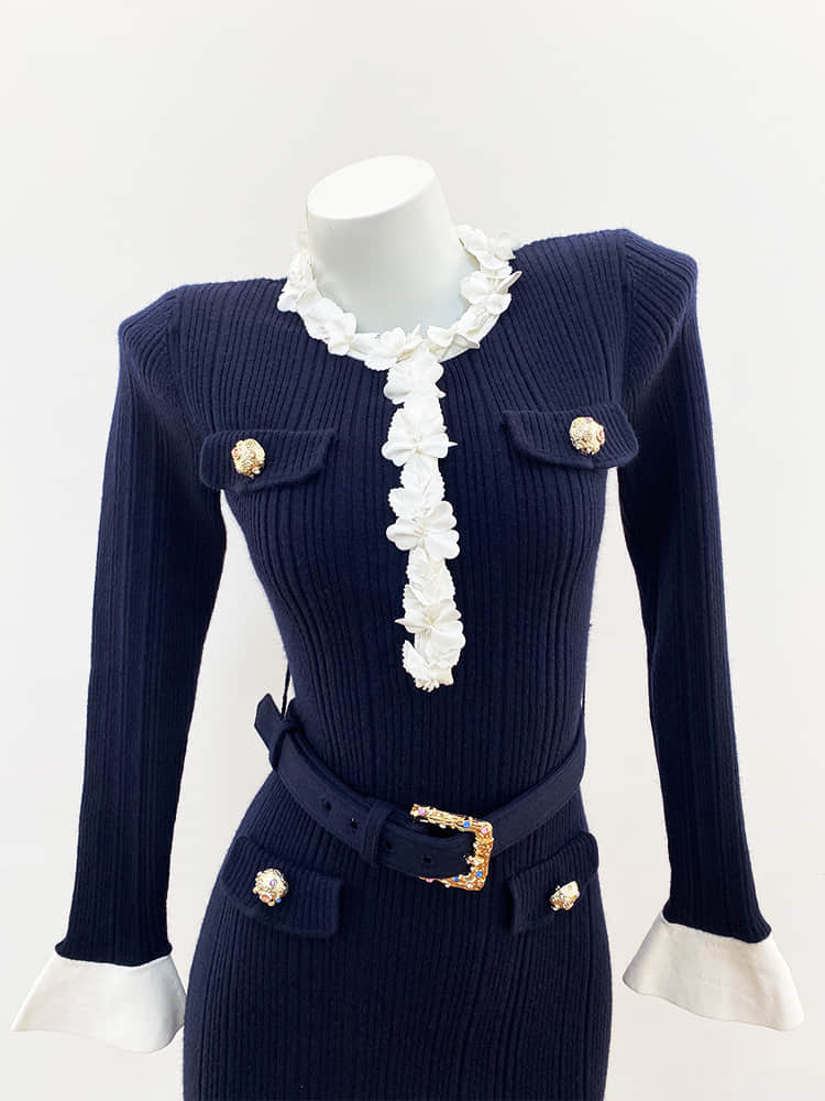 Deep Blue Long-Sleeved Knit Mini Dress