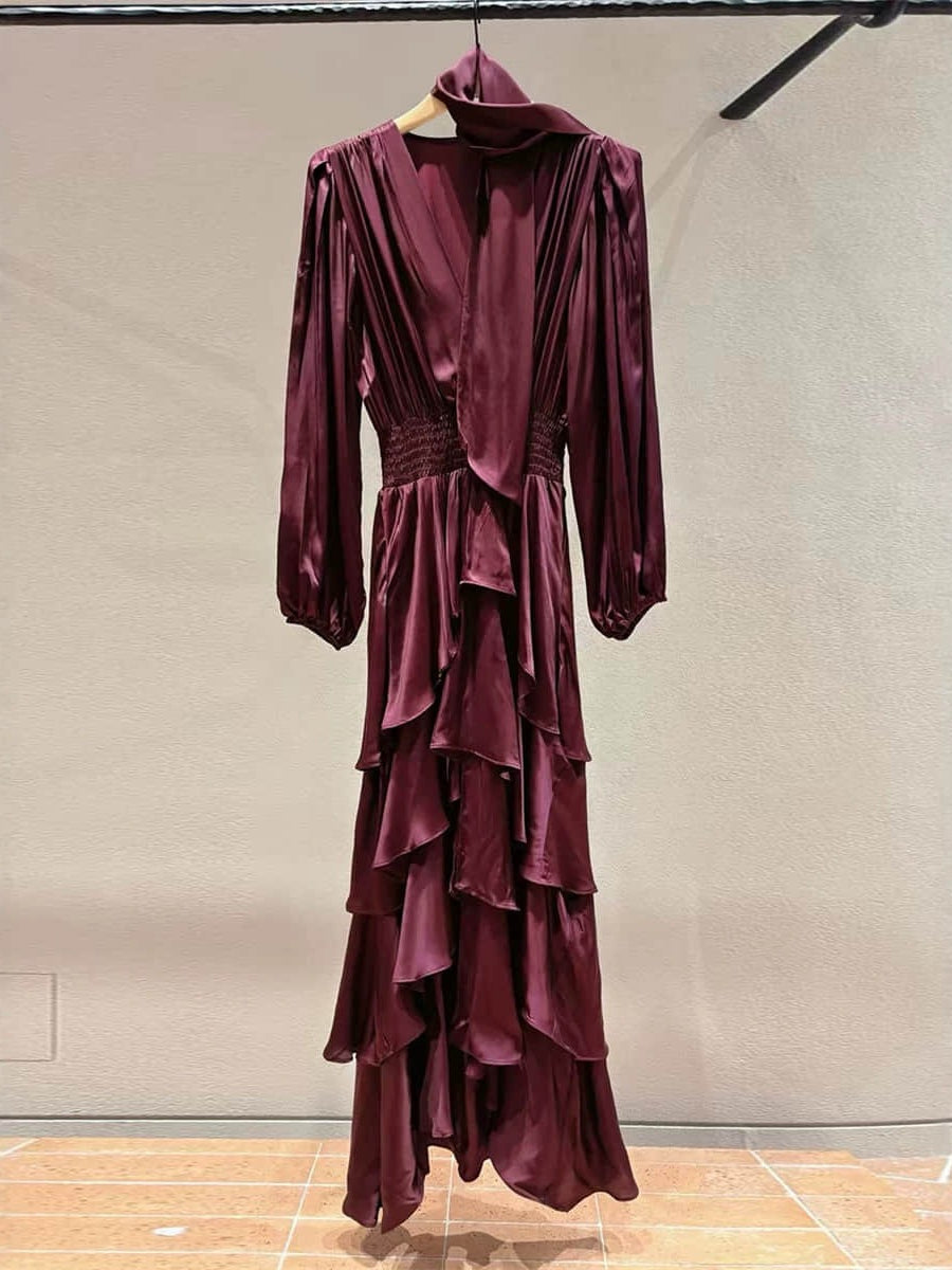 Women's wine red long sleeved elegant dress