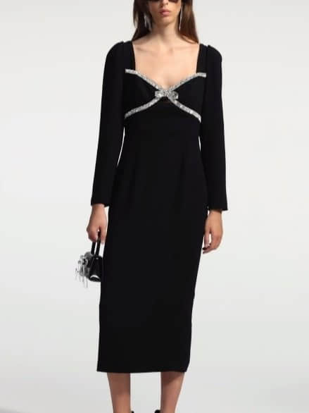 Elegant black long-sleeved dress with diamonds