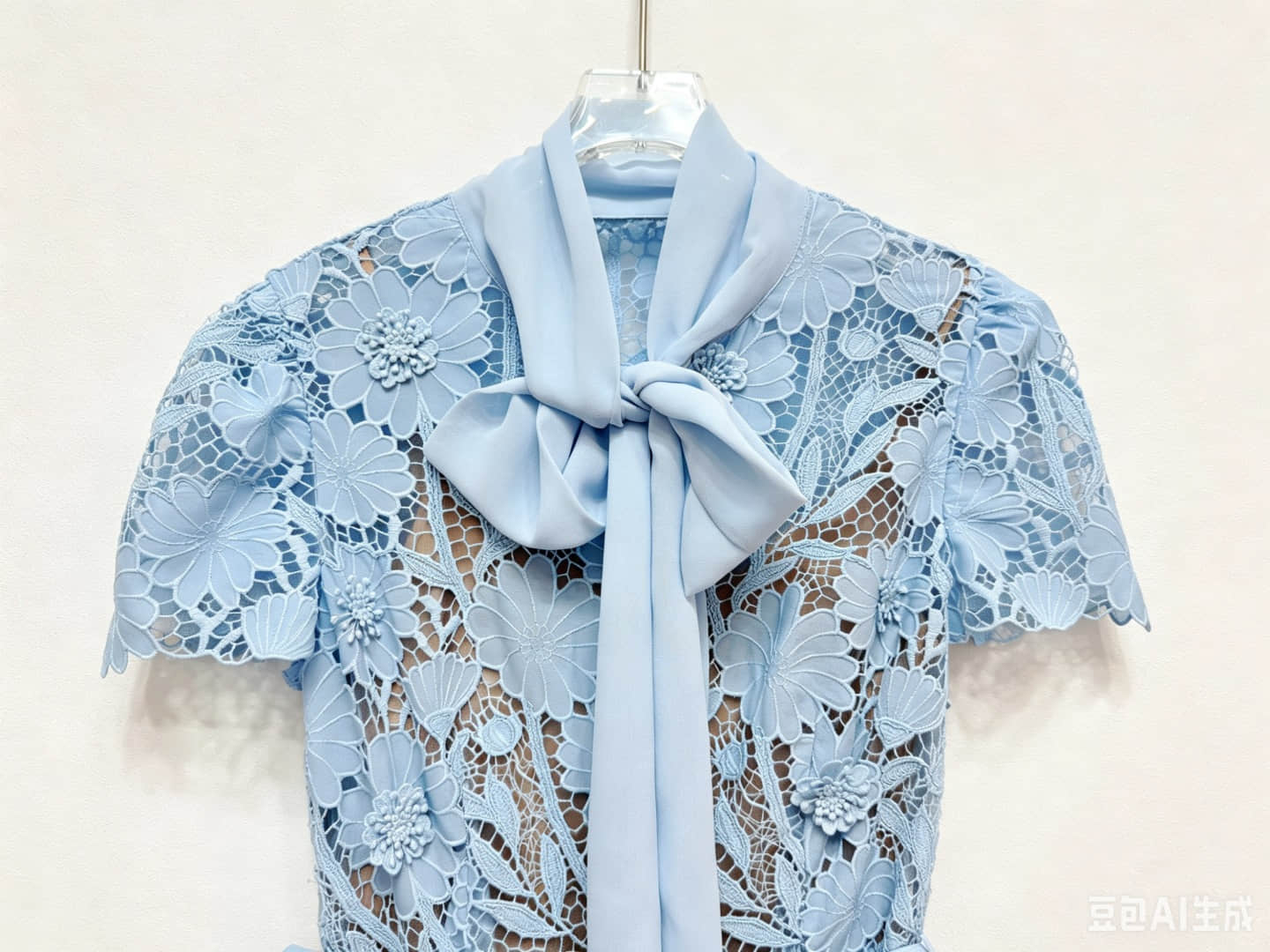 Blue lace short sleeve bow midi dress