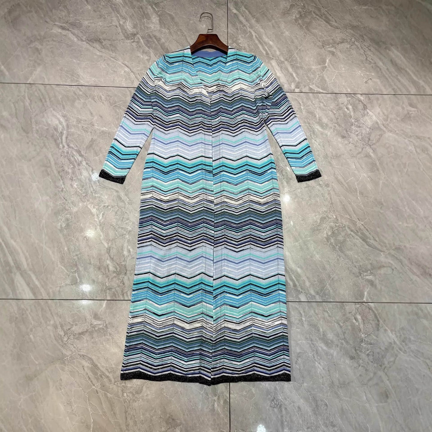Green striped knitted long cardigan