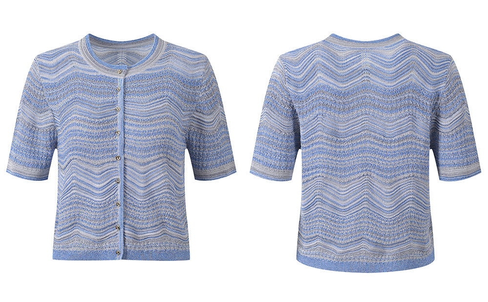 Women's short sleeved cardigan paired with a mid length skirt two-piece set