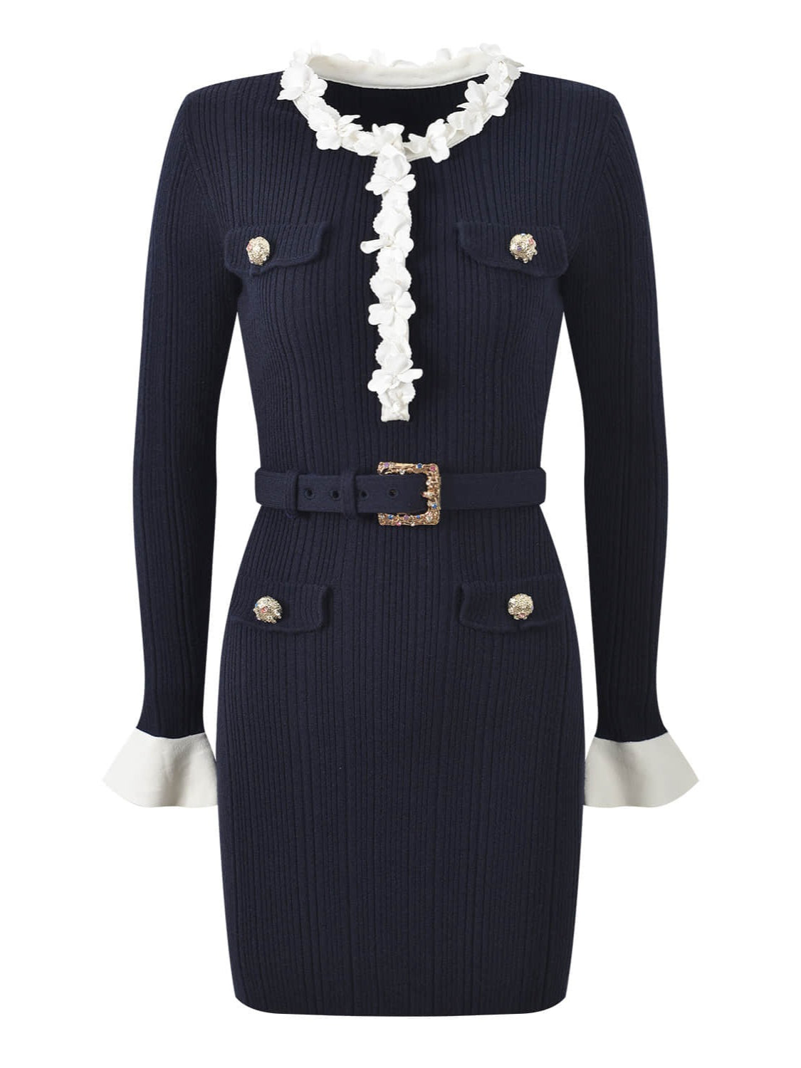 Deep Blue Long-Sleeved Knit Mini Dress