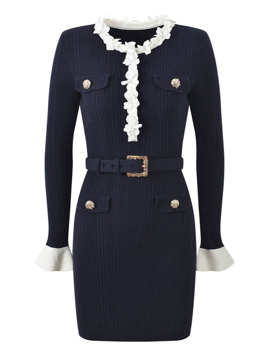 Deep Blue Long-Sleeved Knit Mini Dress