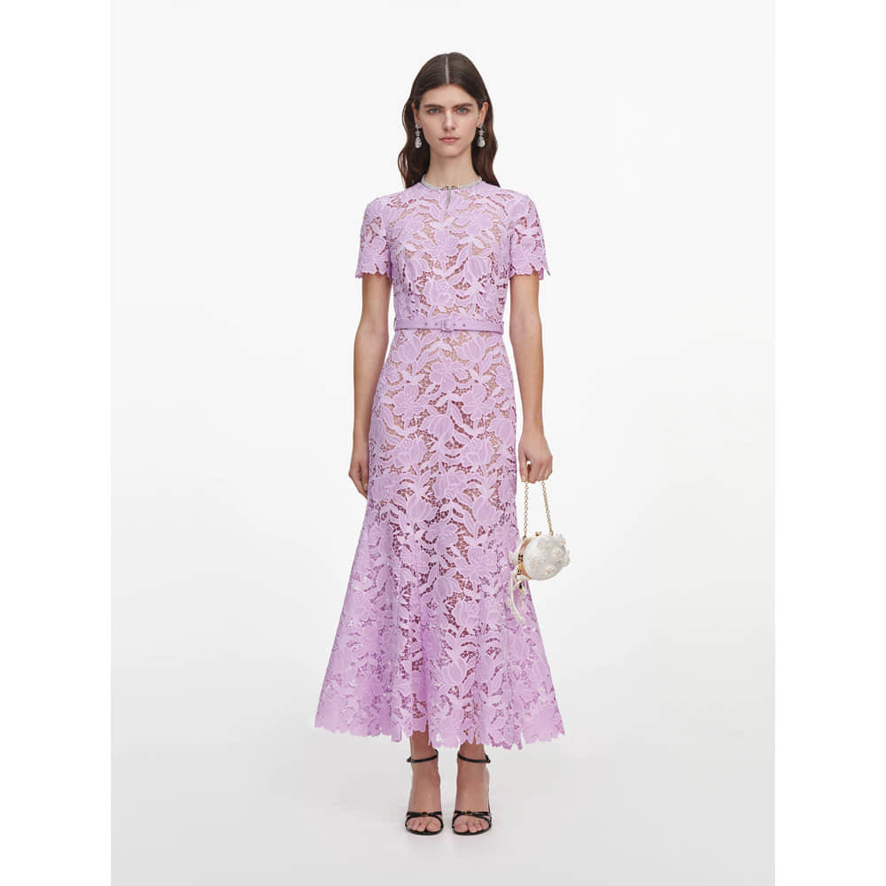 Purple short sleeve lace elegant dress