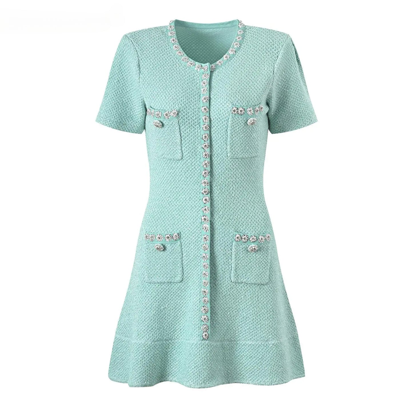 O-neck Short Sleeve Rhinestone Beads Wear Women Knit Mini Sequined A-line Dress