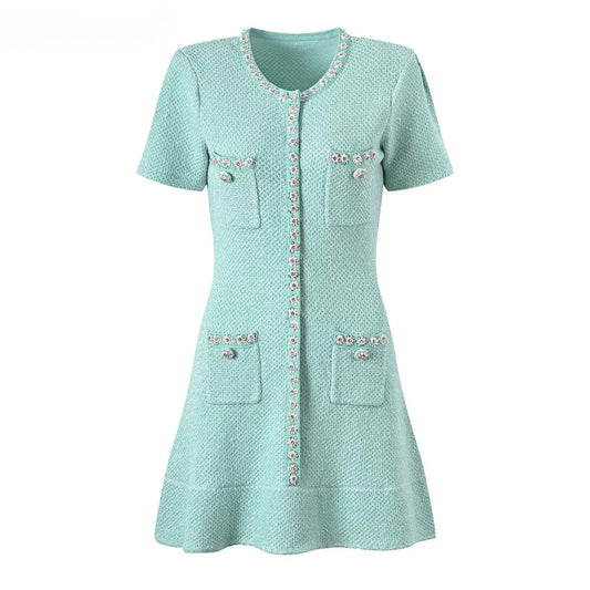 O-neck Short Sleeve Rhinestone Beads Wear Women Knit Mini Sequined A-line Dress
