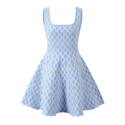 Blue Elegant Pocket Vest Knitted Mini Dress