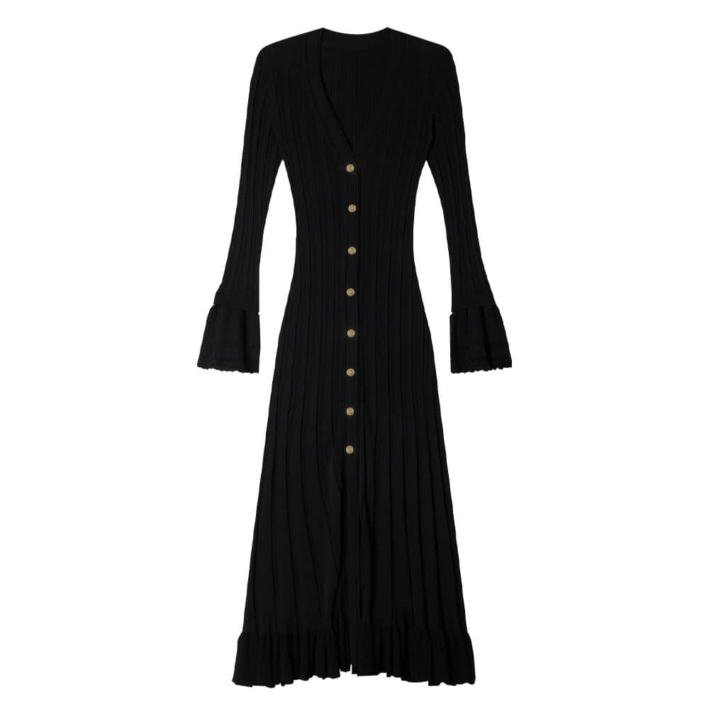 V-neck knitted ruffle long dress