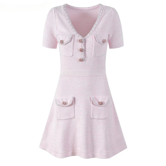 Short Sleeve Rhinestone Single-breasted Wear Women Knit Mini A-line Dress