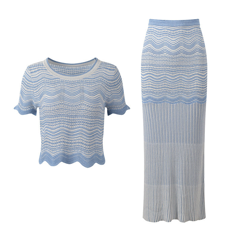 Women's short sleeved cardigan paired with a mid length skirt two-piece set