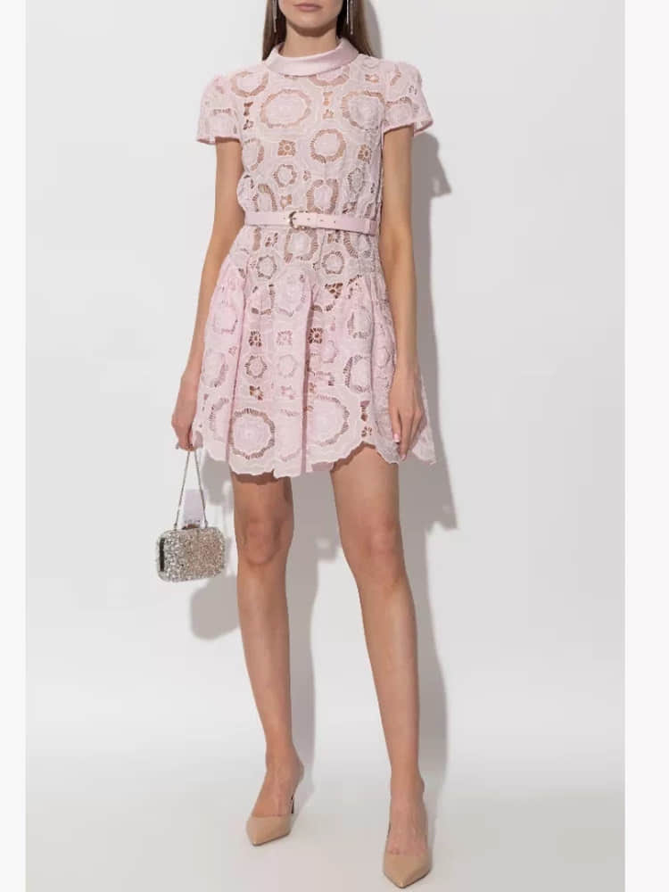 Women's Pink Lace Short Sleeve Dress