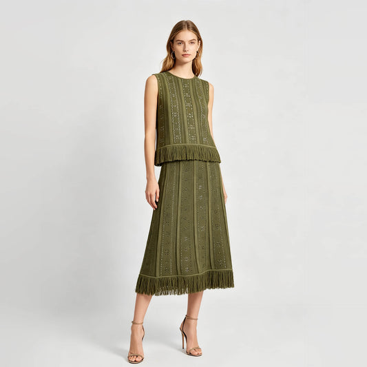 Green diamond-embellished knitted two-piece suit