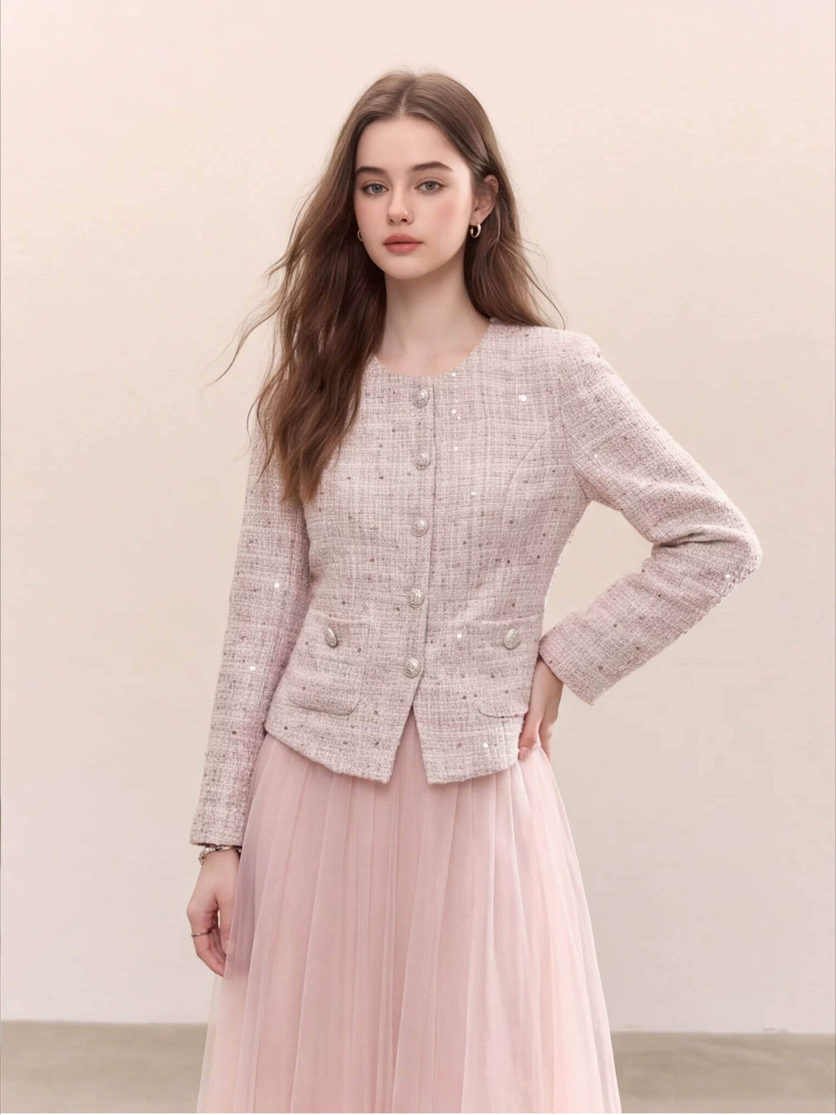 Pink long-sleeved patchwork elegant dress
