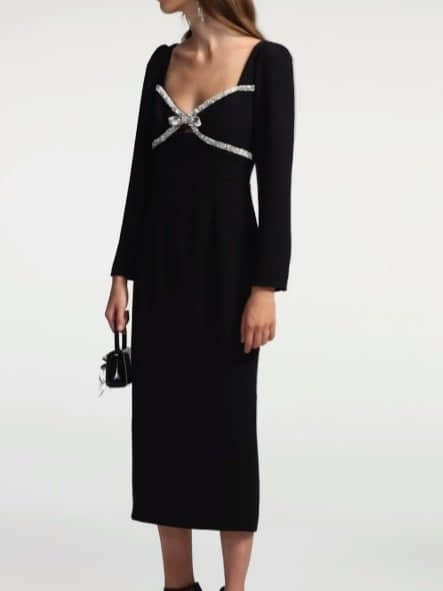 Elegant black long-sleeved dress with diamonds