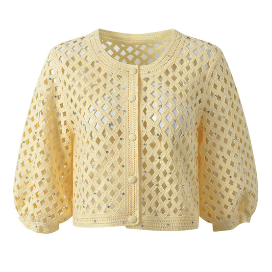 Yellow hollow out diamond cardigan