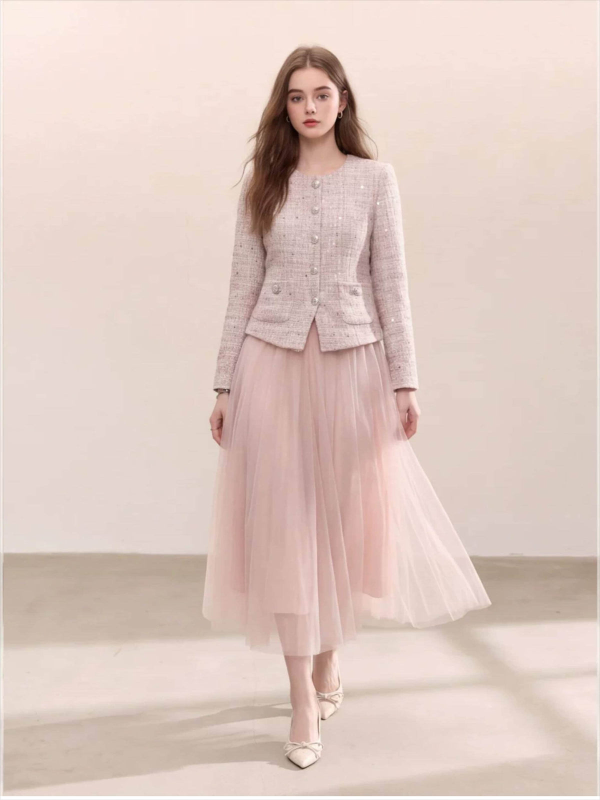 Pink long-sleeved patchwork elegant dress