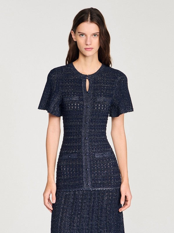 High-quality version of dark blue diamond-embellished short-sleeved slim dress