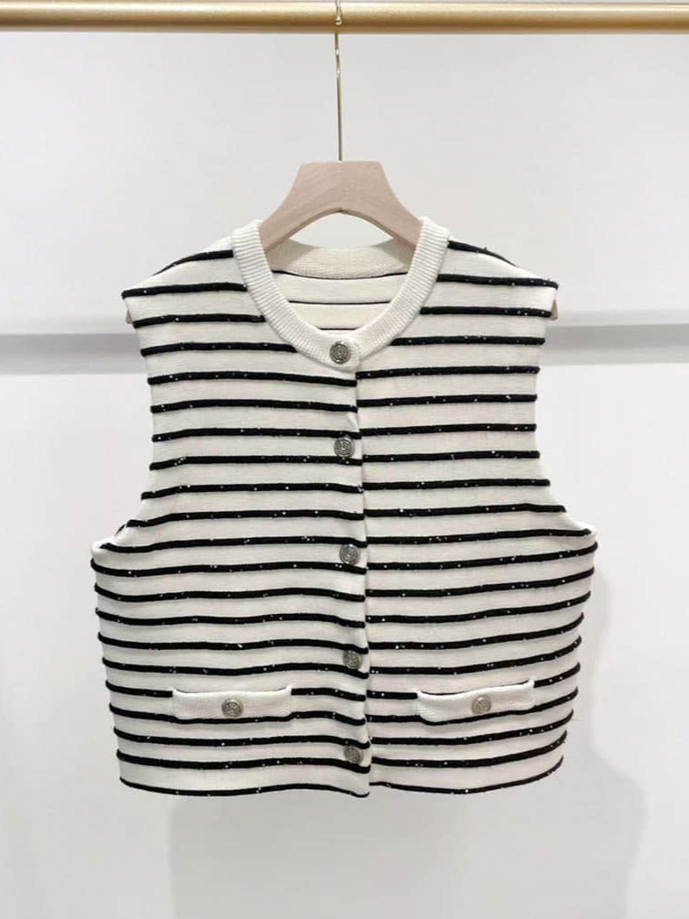 Sleeveless striped slim-fit knitted cardigan