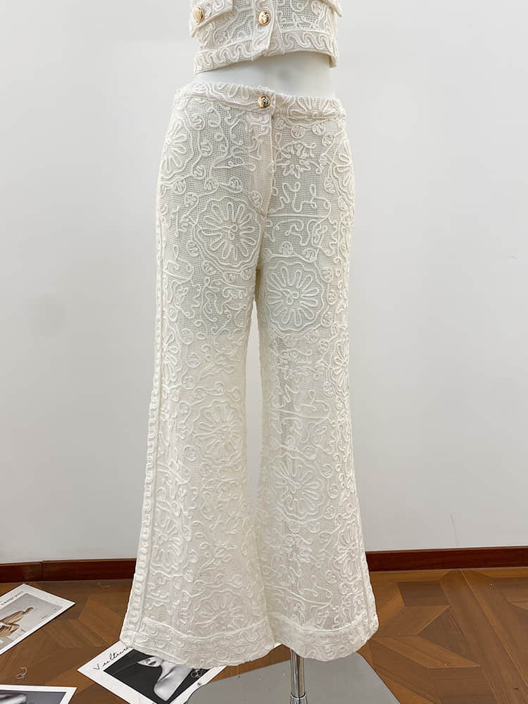Round neck knitted hollow knitted trousers two-piece set