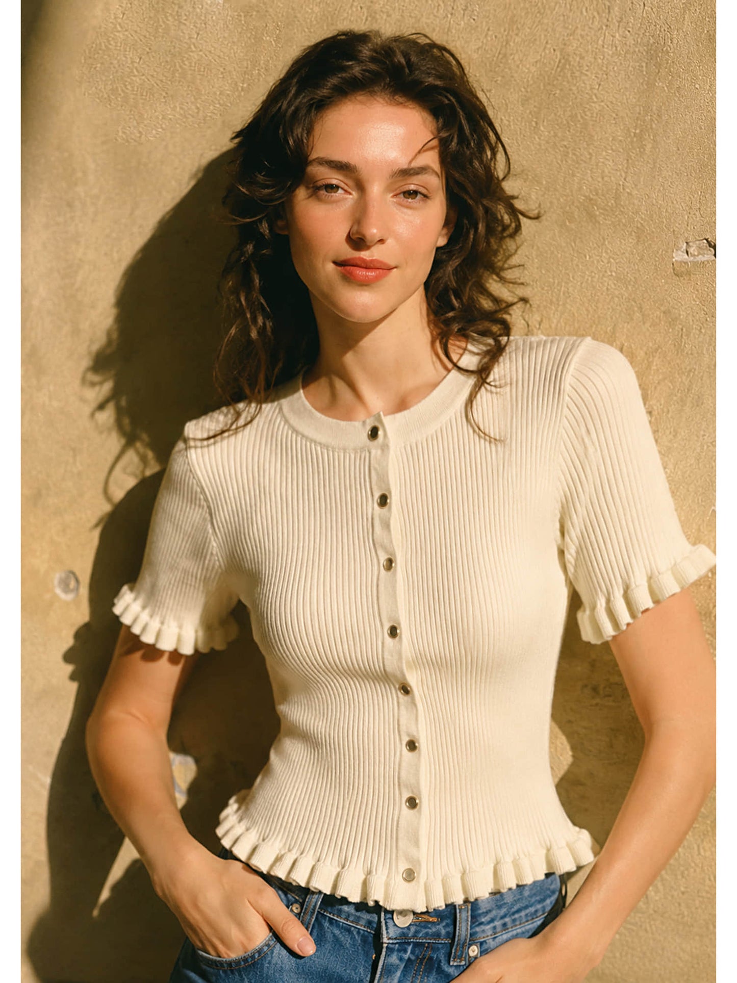 White top and cardigan two-piece suit