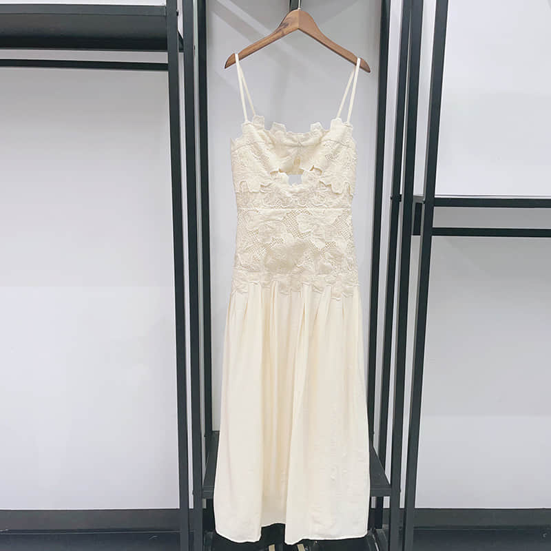 Summer beige embroidered suspender dress