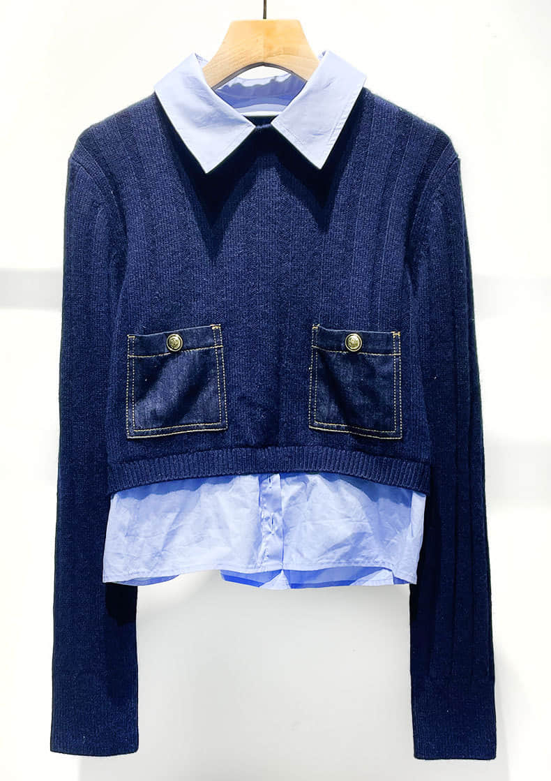 Black slim-fit knitted patchwork long-sleeved sweater