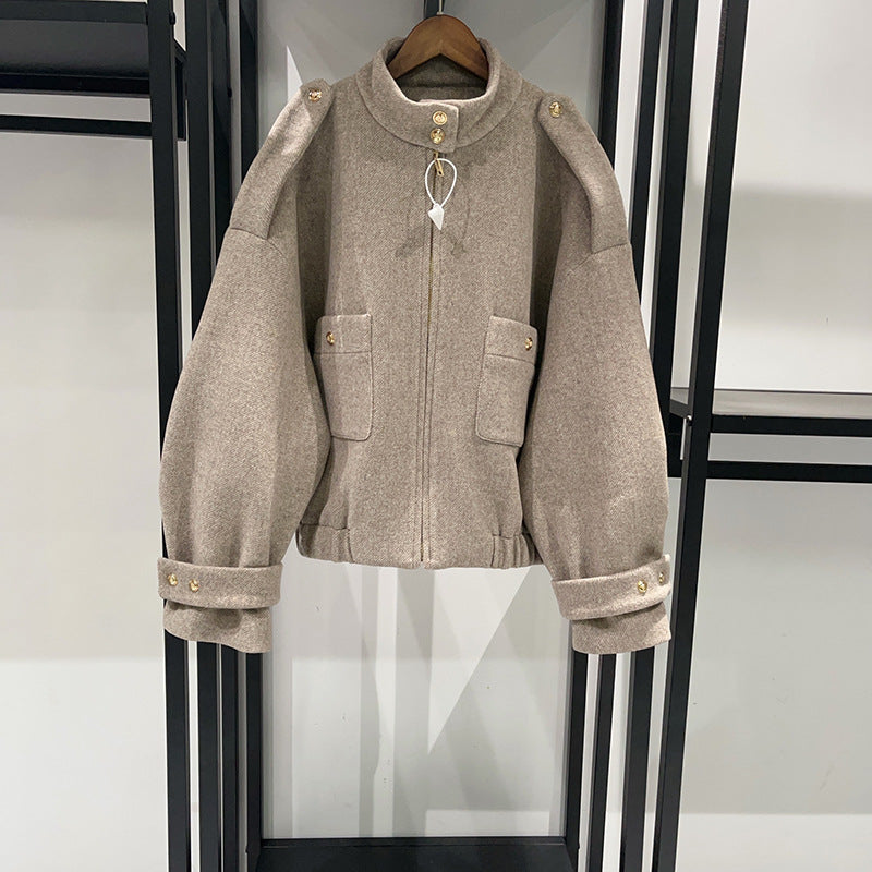 Ladies' standing collar brown zipper jacket