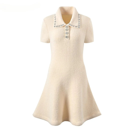 Turn-down Collar Short Sleeve Women Knit A-line Mini Dress
