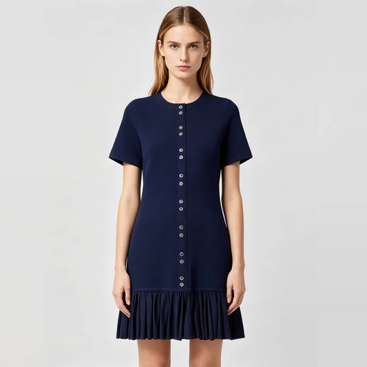 Black short-sleeved single-breasted slim-fit knitted dress