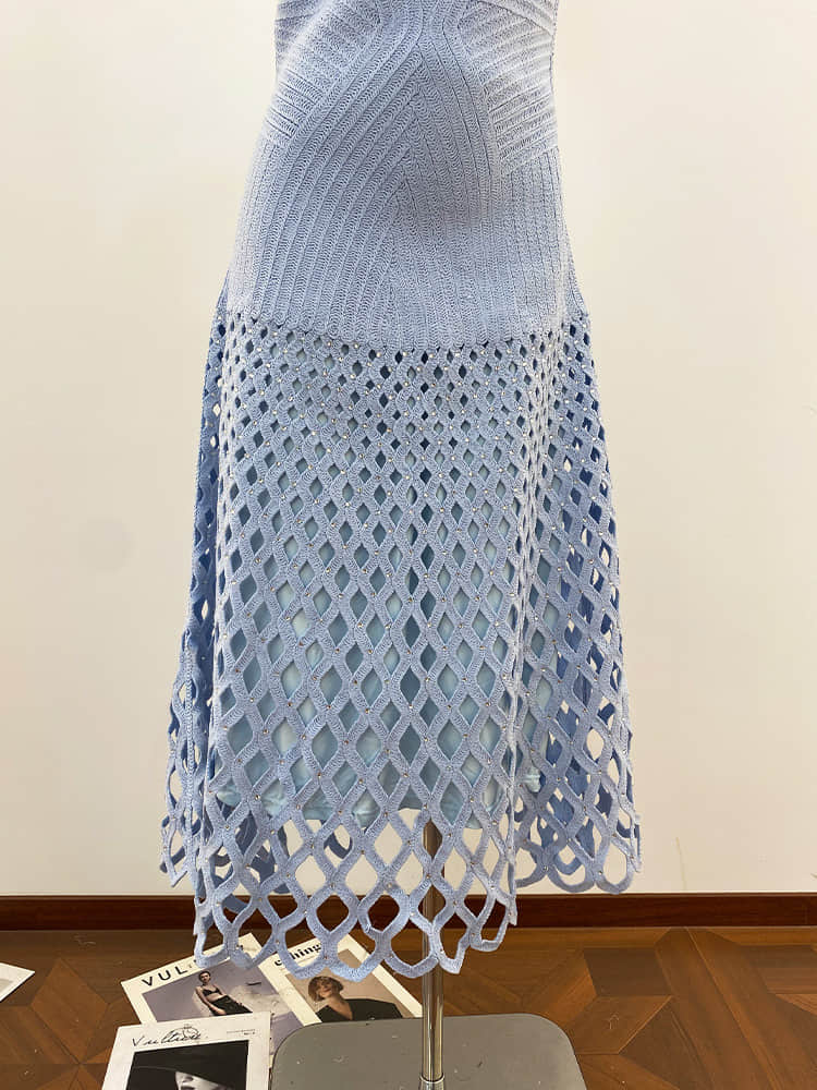 Women's blue hollow out knit dress