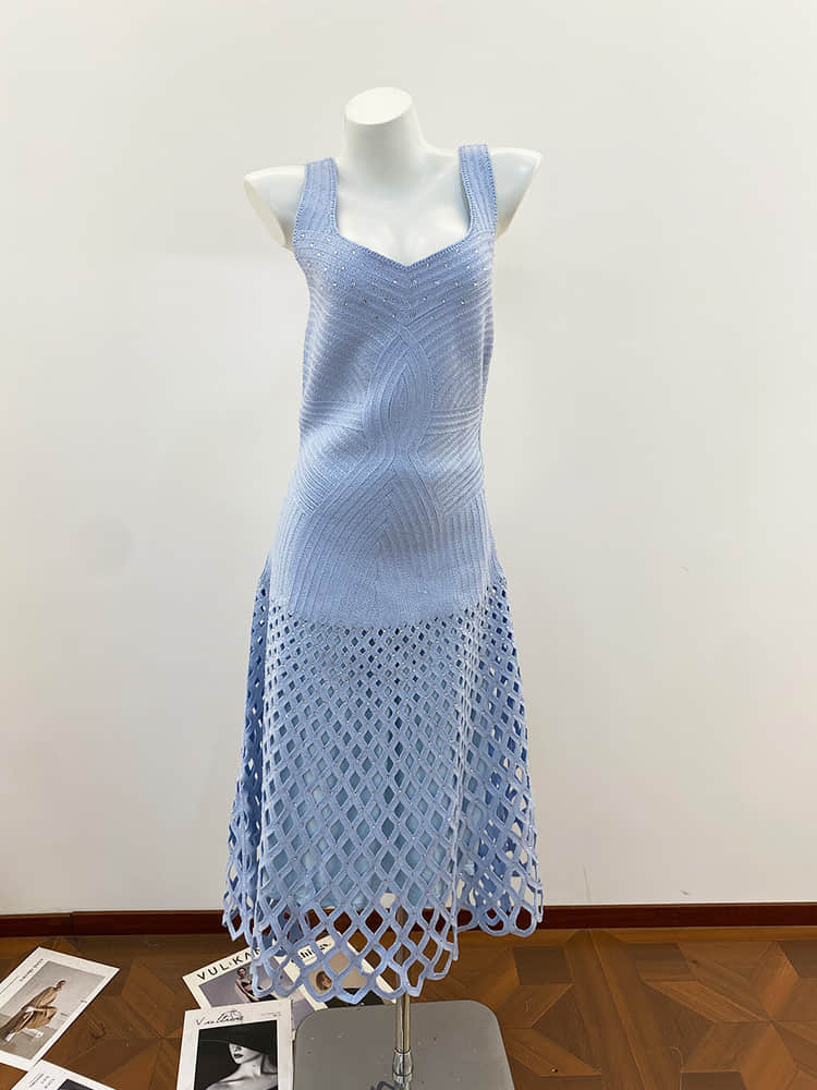 Women's blue hollow out knit dress