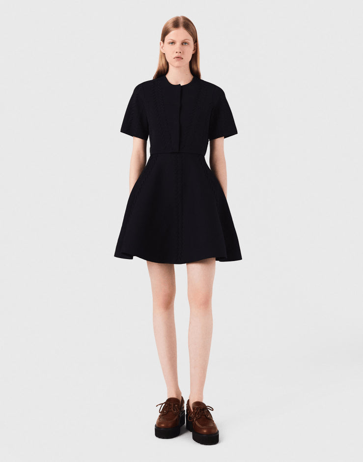 Women's dark blue cardigan paired with mini dress two-piece suit