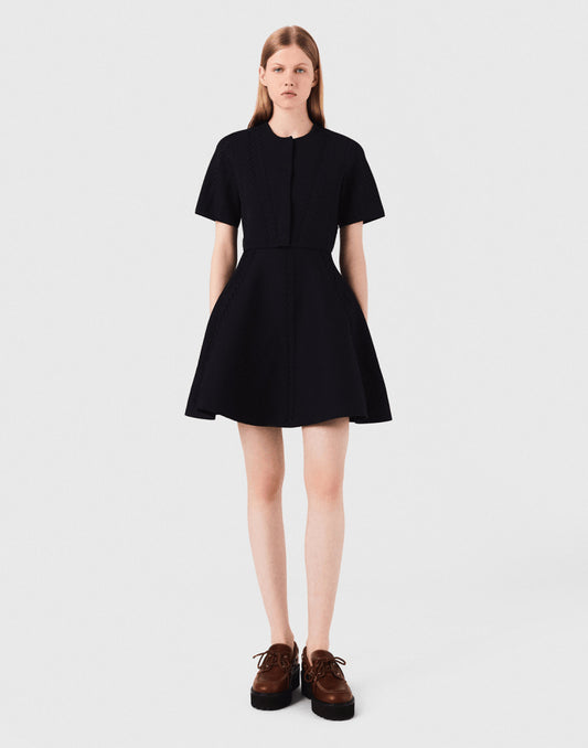Women's dark blue cardigan paired with mini dress two-piece suit