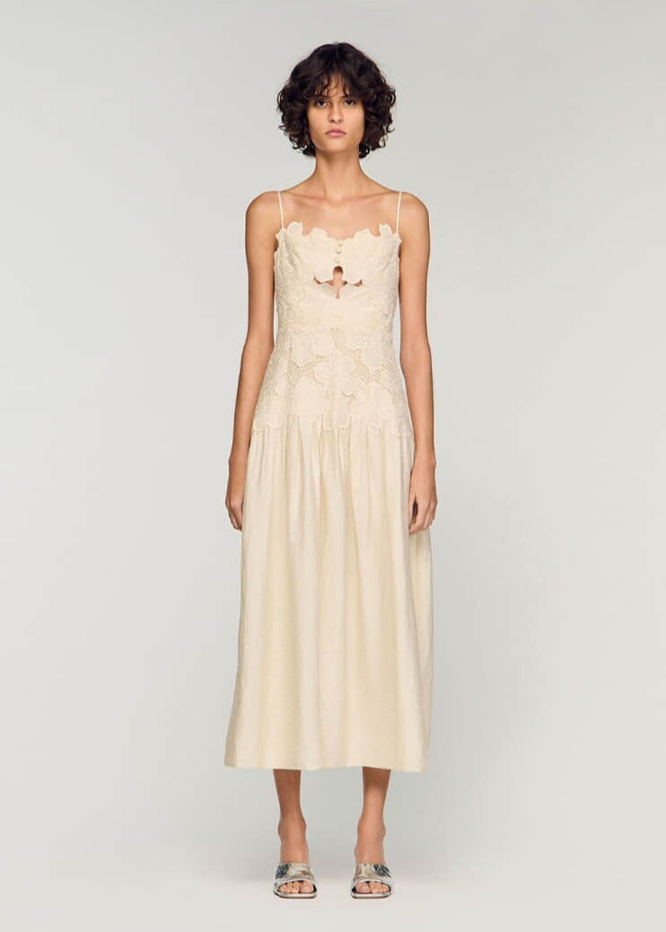 Summer beige embroidered suspender dress