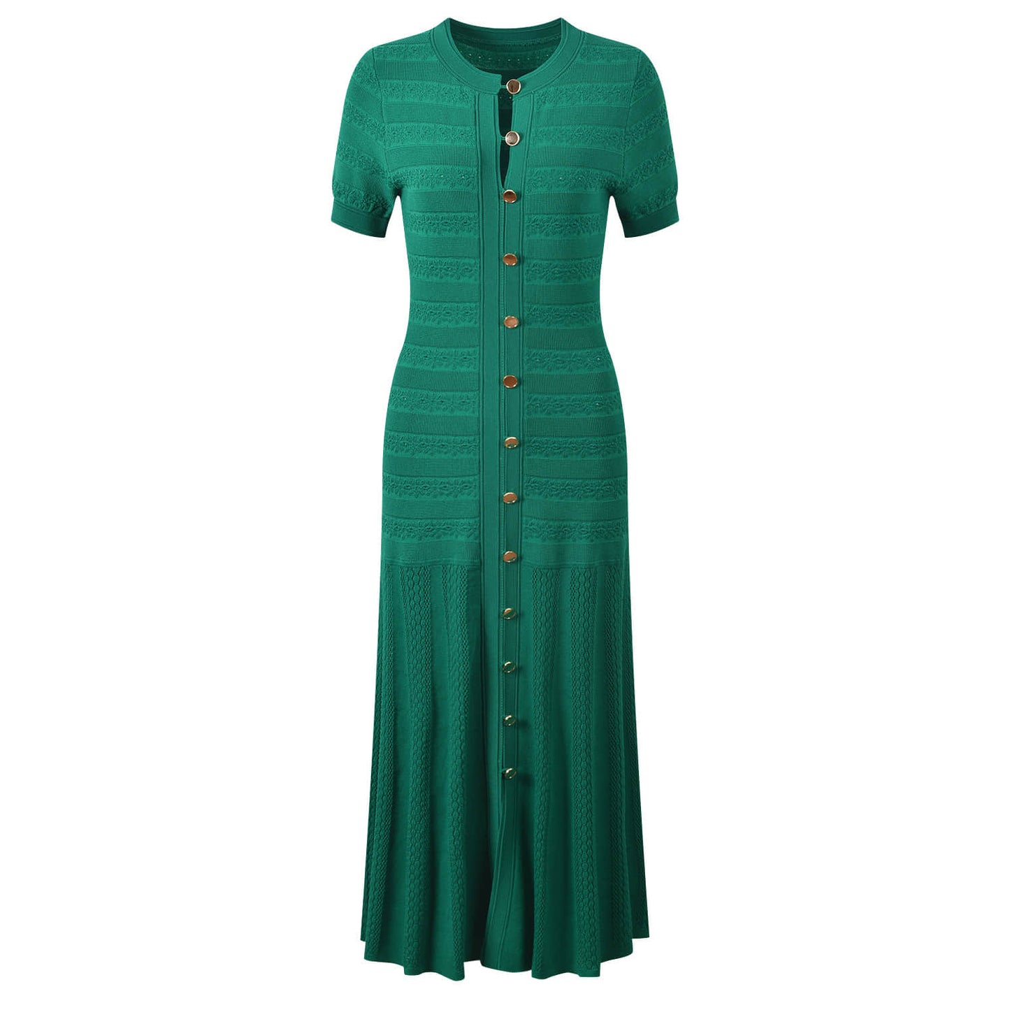 Green short-sleeved single-breasted knitted dress