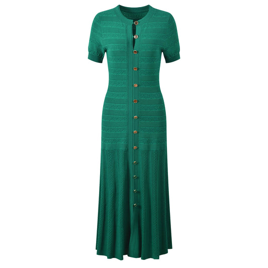Green short-sleeved single-breasted knitted dress