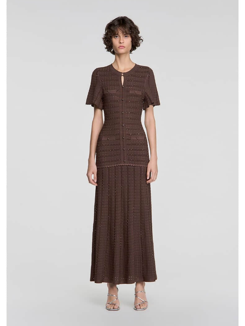 Women's short-sleeved rhinestone-embellished knit party dress