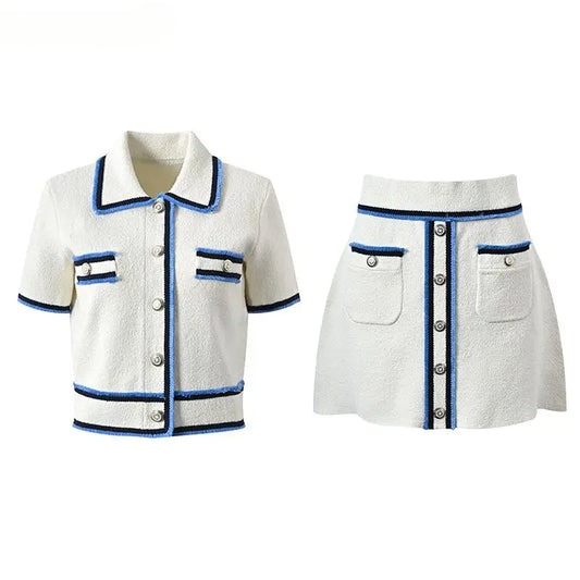 Short Sleeve Single-breasted Cardigan Mini Skirt Women Colorblock Knit 2Pcs